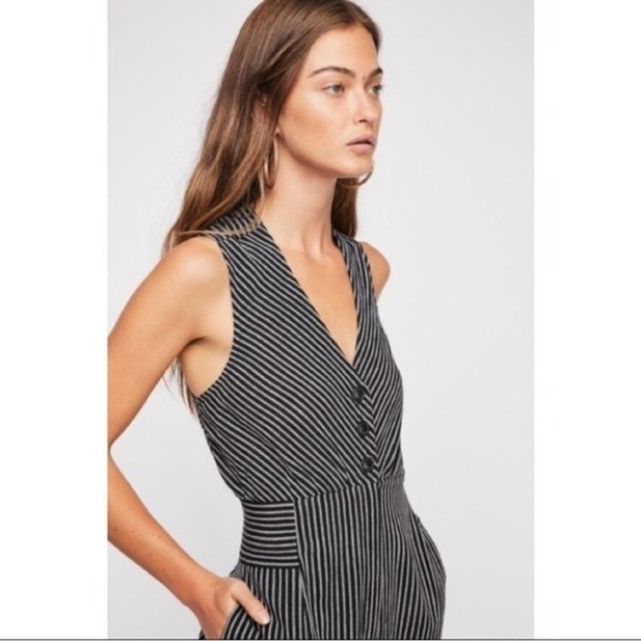 Free People The Liberty Jumpsuits Wide Leg Cotton Black White Striped Size 0 - Picture 7 of 10